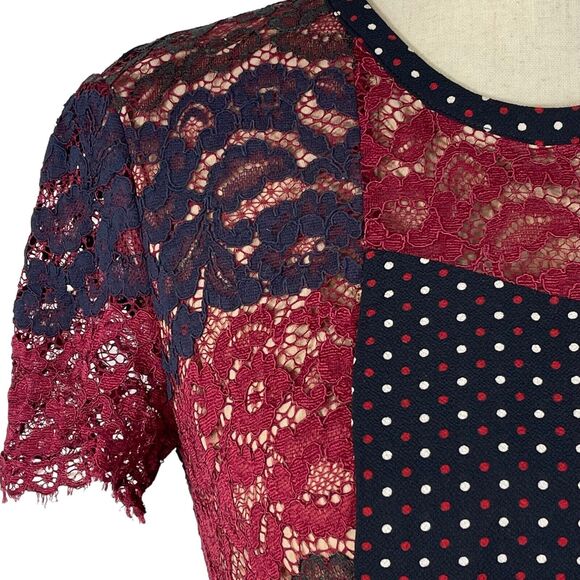 French Connection SZ 6 Phoebe Dress Mix-Lace Polka Dot Round Neck Pleated Mini - Picture 3 of 13